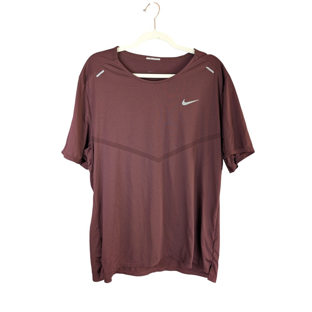 Nike Running Dri-FIT Shirt Mens XL Burgundy Maroon Short Sleeve Reflective Logo